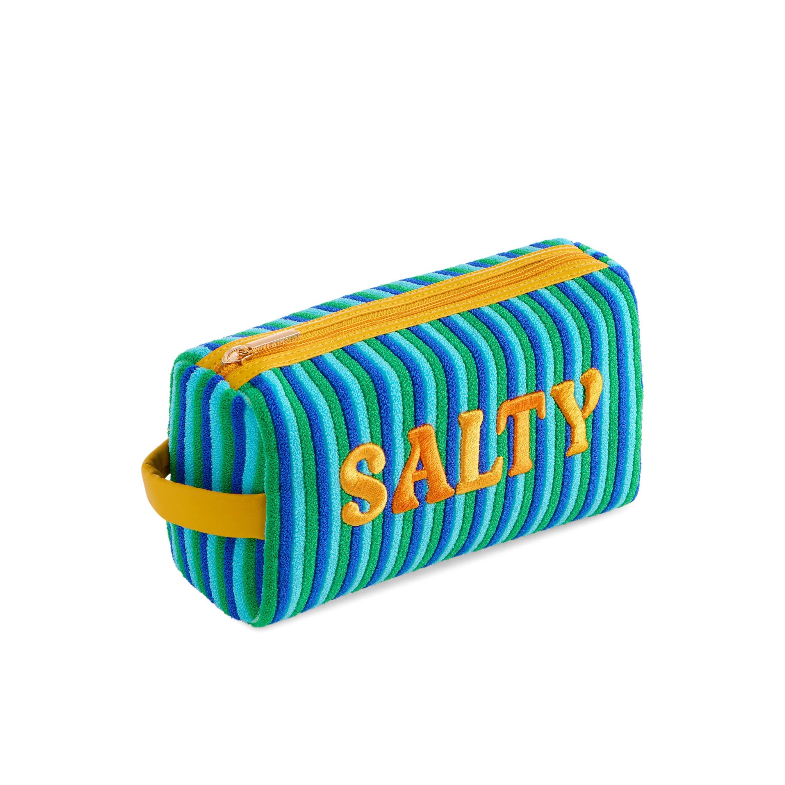 Striped beach pouch with 'Salty' text on a white background