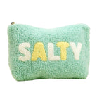 Green textured pouch with 'SALTY' text on a white background