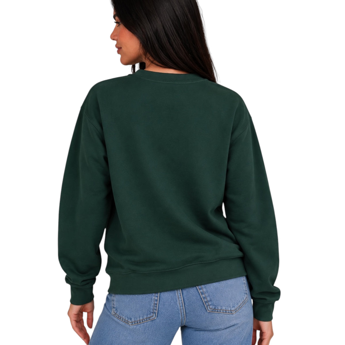 A woman shown from the back wearing a dark forest green crewneck sweatshirt and light blue jeans against a plain white background.