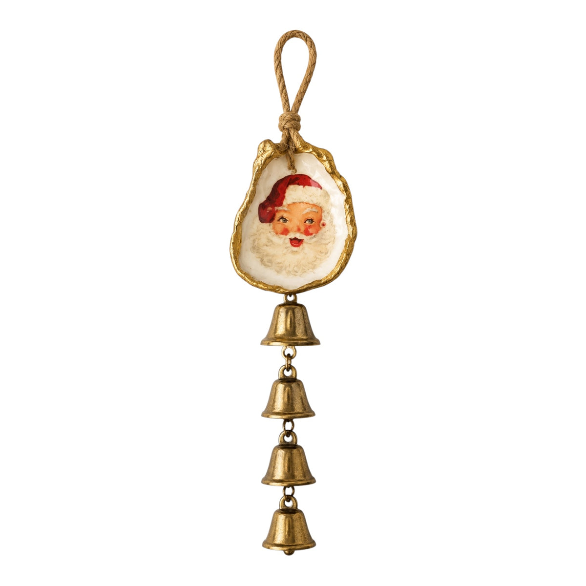 A vintage-style Christmas ornament shaped like an open oyster shell with a painted Santa Claus face and four dangling gold bells below, shown on a plain white background.