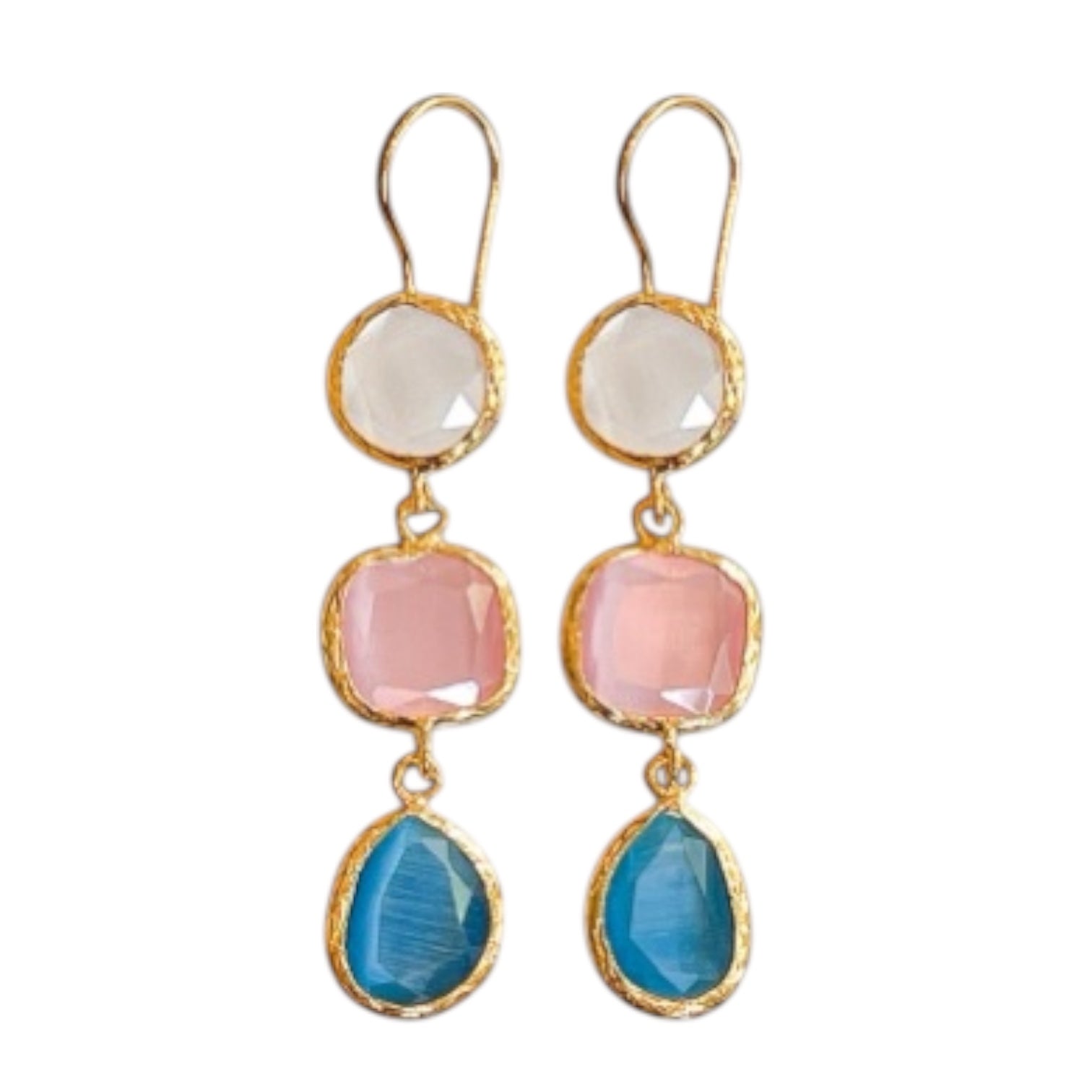 Pair of earrings with gold frames and colorful stones on a white background