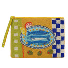 Colorful beaded pouch with fish design on a white background