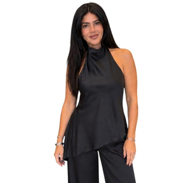 トップス ASYMMETRIC HALTER NECK SATIN TOP Satin Asymmetric Halter Top - Black – Alicia DiMichele Boutique
