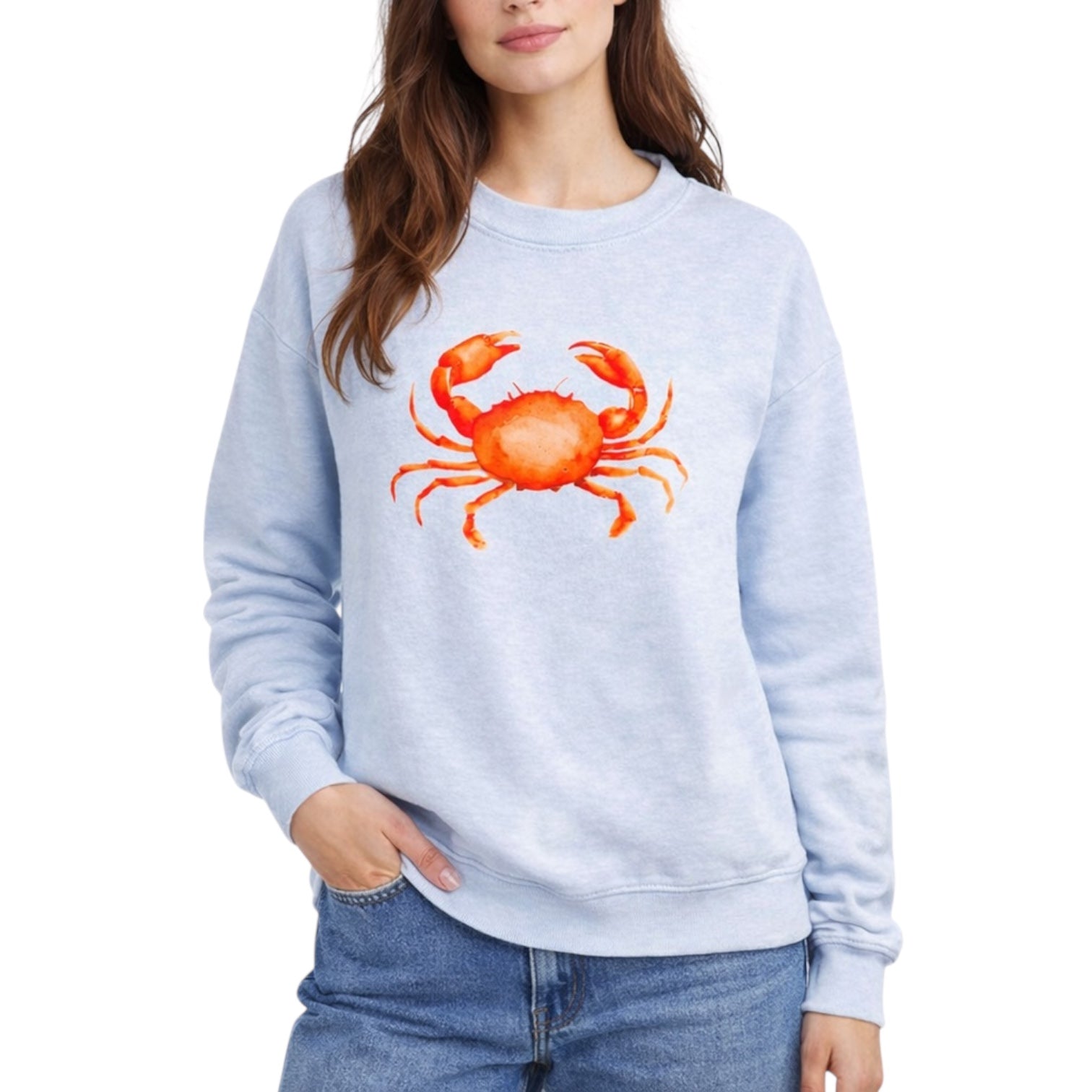 Light blue sweatshirt with orange crab design worn by a person on a white background