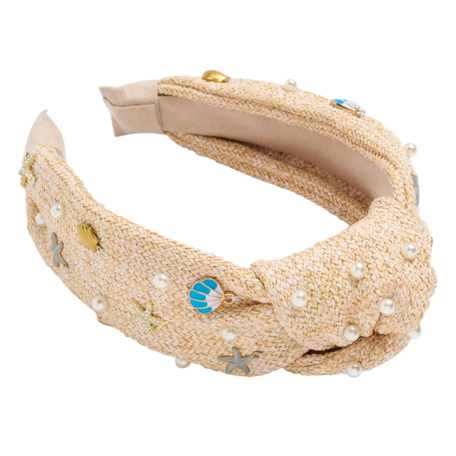 natural knotted headband with pearls and seashell charms on white background