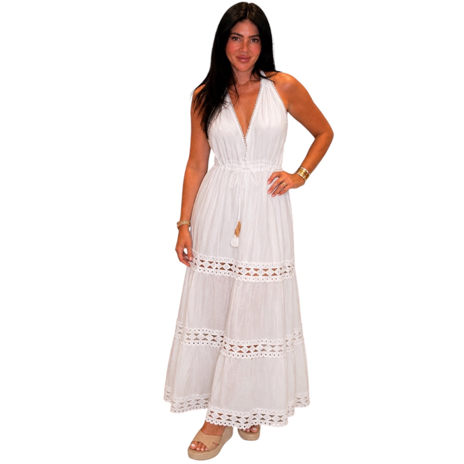Woman wearing a white dress on a white background