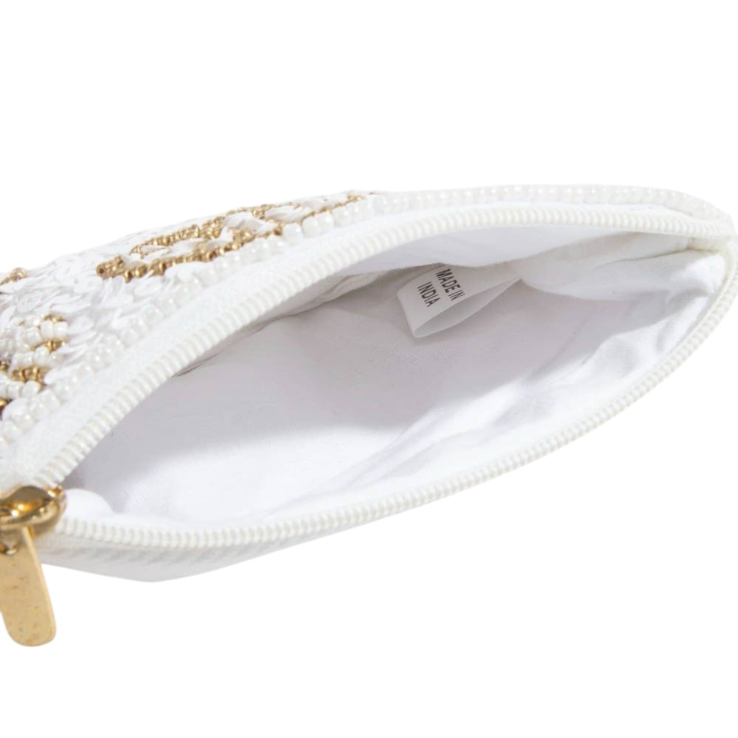 White pouch with gold accents and a visible brand tag on a white background