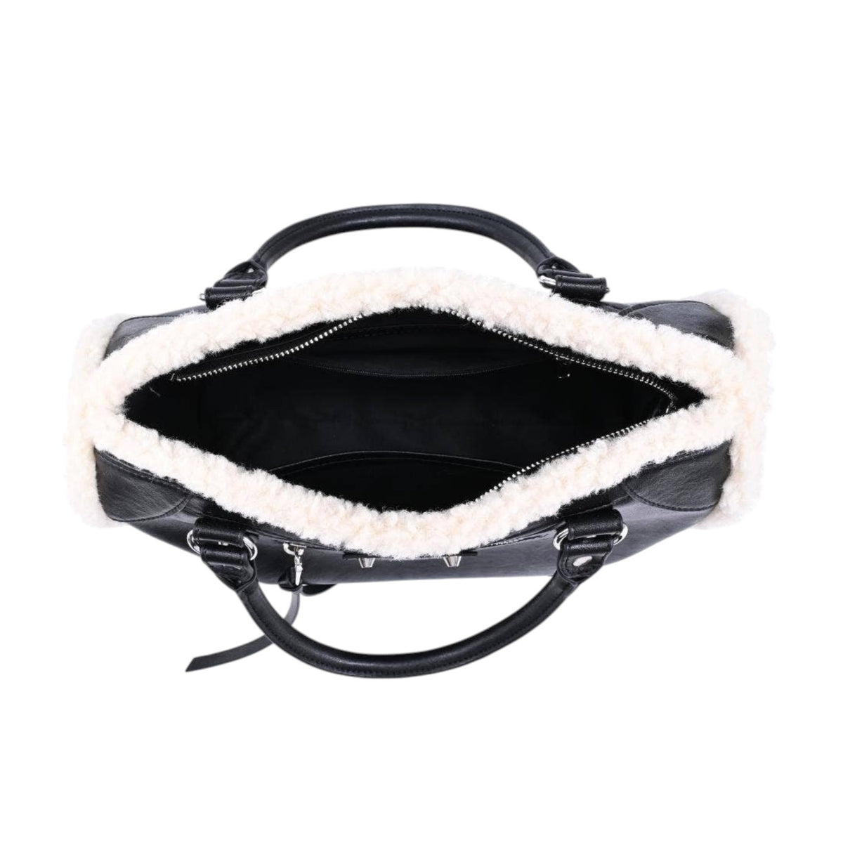 Black handbag with white fur lining on a white background
