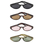 Four pairs of sunglasses with different frame colors and lens colors on a white background