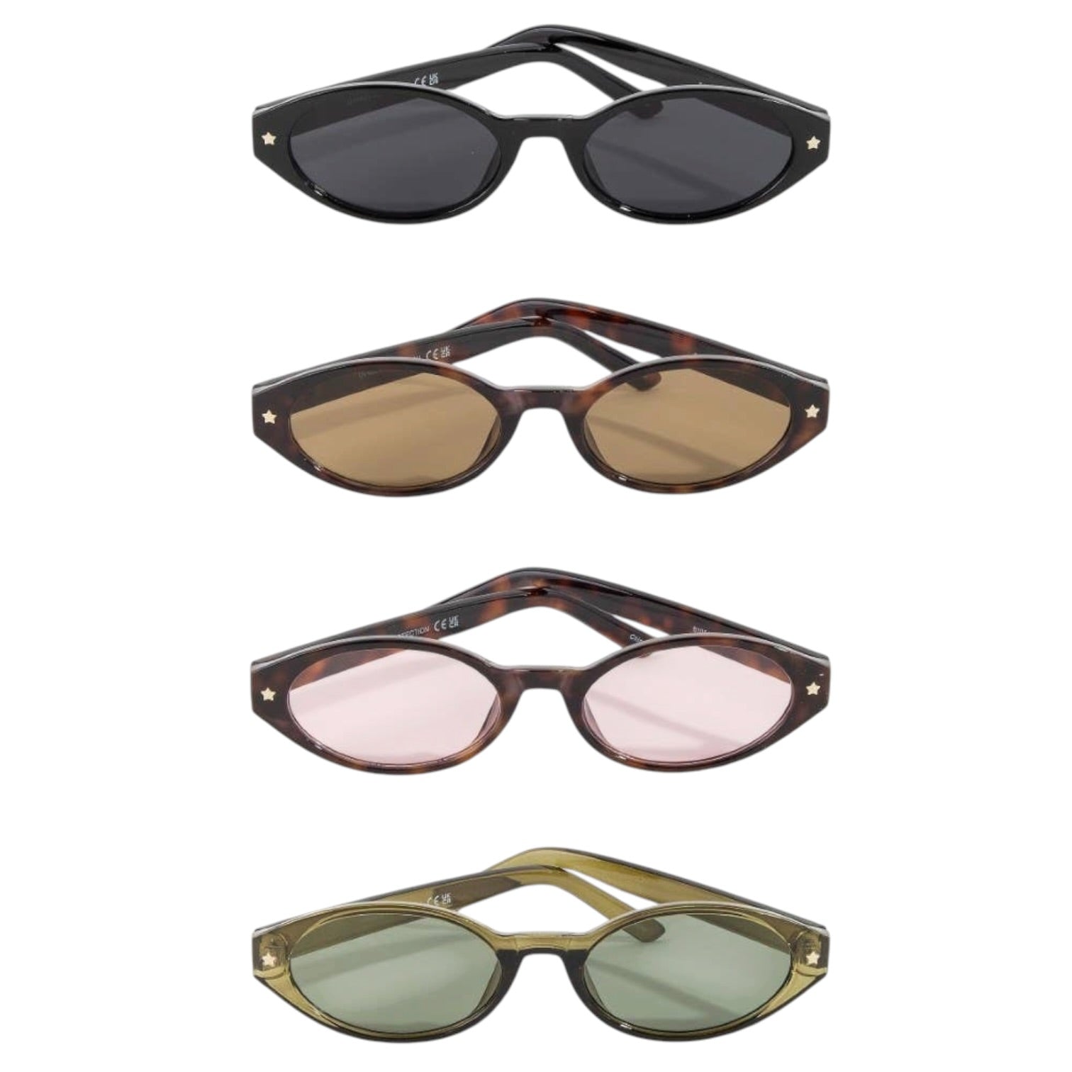 Four pairs of sunglasses with different frame colors and lens colors on a white background