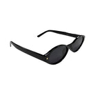 Black sunglasses with a gold logo on a white background
