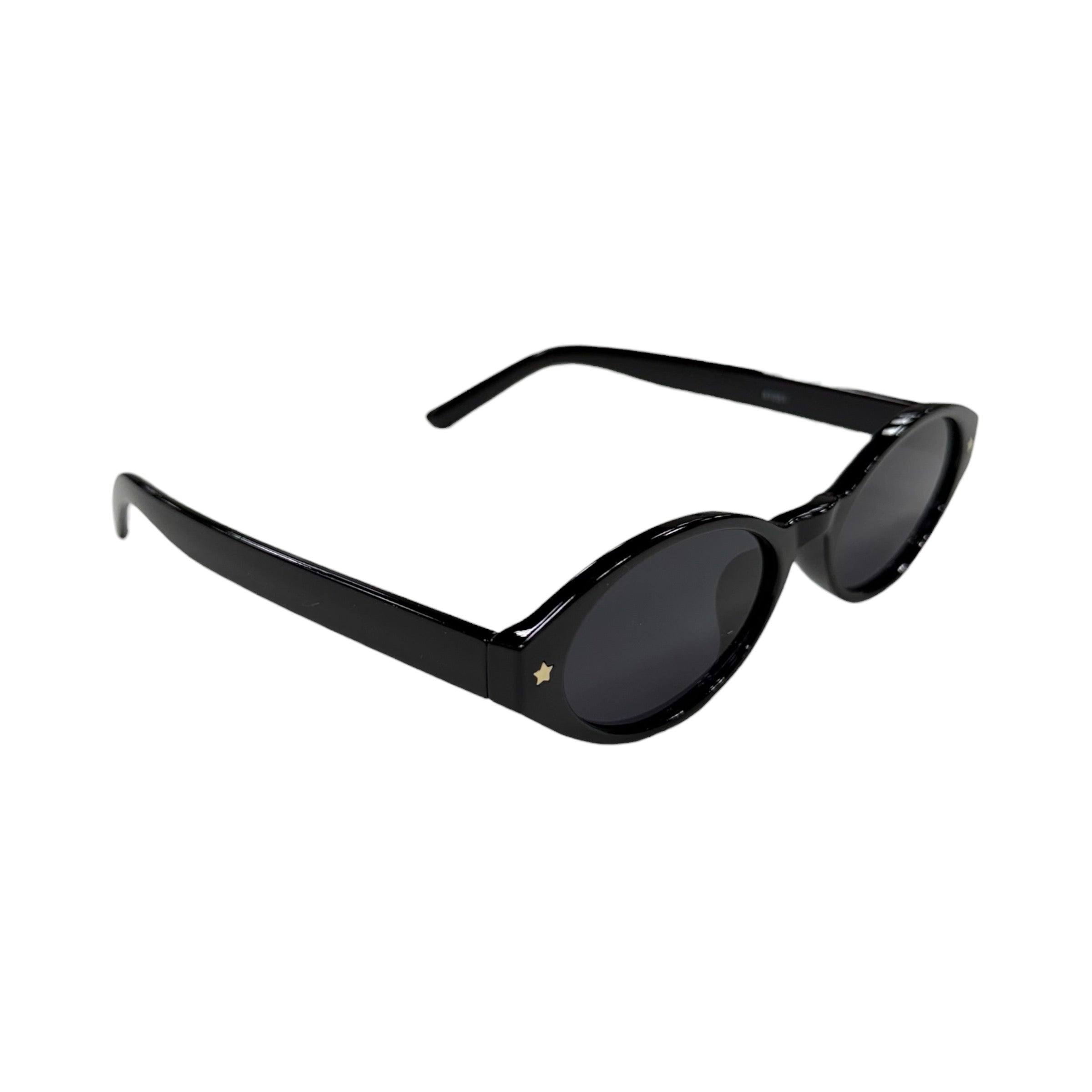 Black sunglasses with a gold logo on a white background