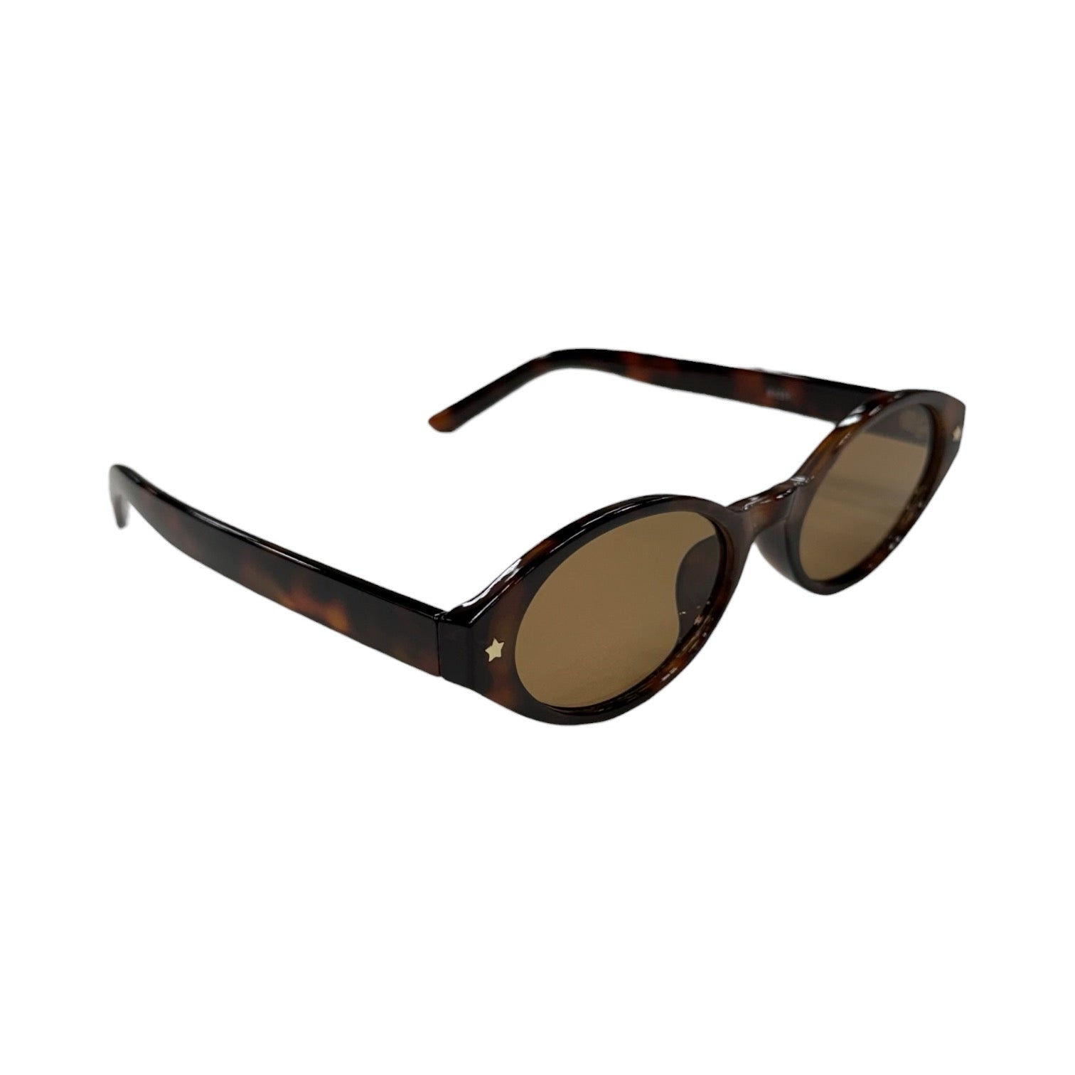 Sunglasses with tortoiseshell frame and brown lenses on a white background