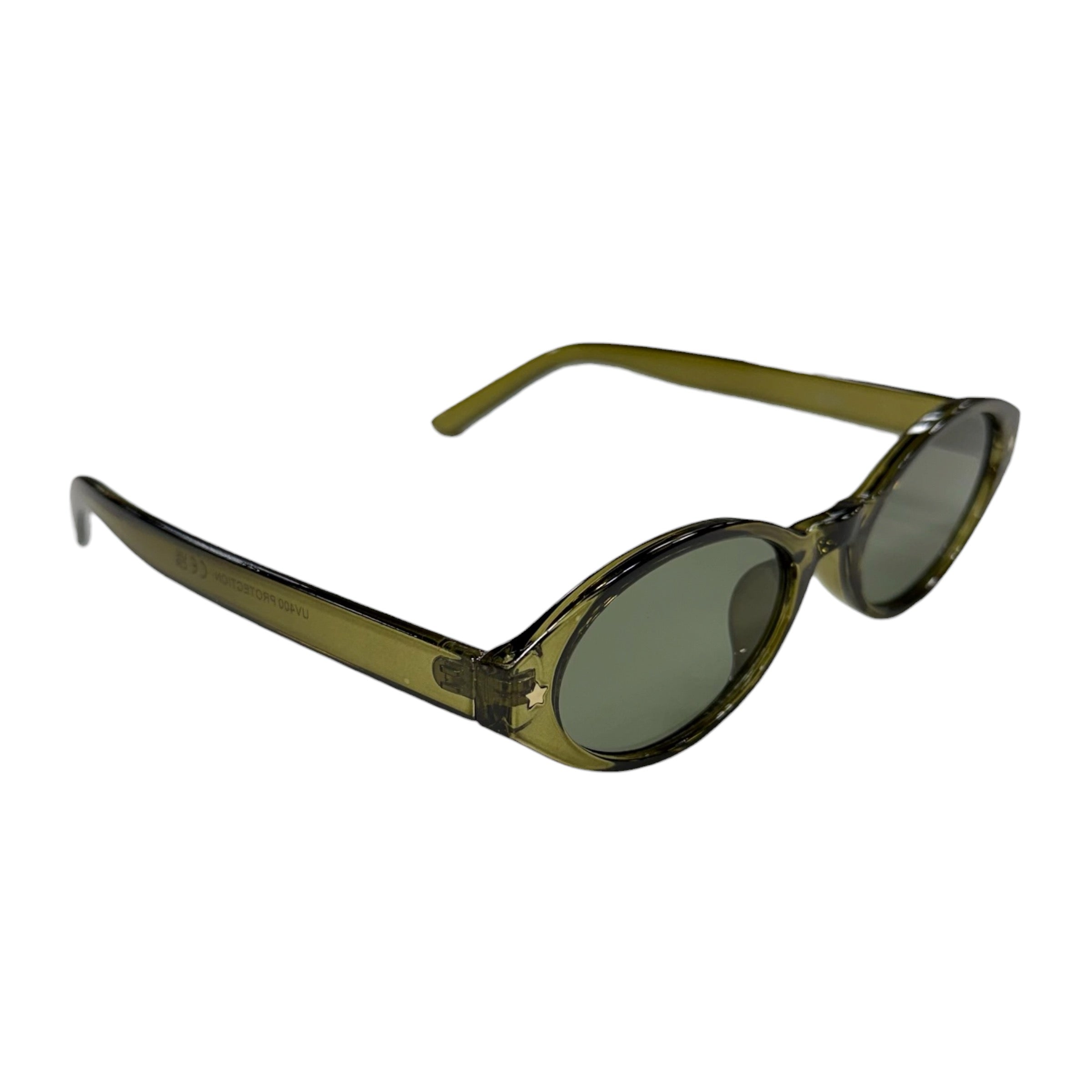 Sunglasses with green frame and dark lenses on a white background