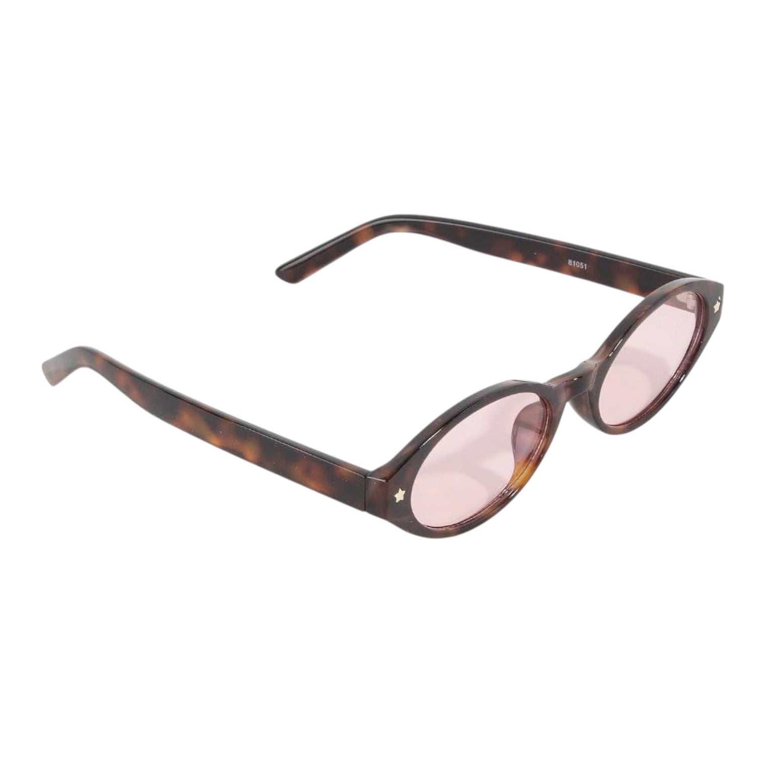 Sunglasses with tortoiseshell frame and pink lenses on a white background
