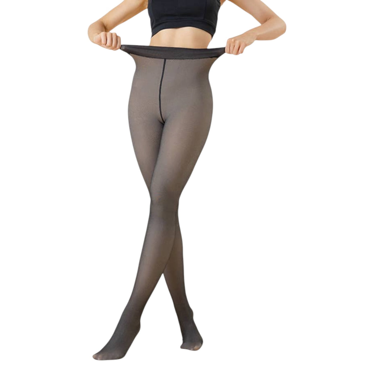 A model wearing sheer black tights, holding the waistband to show elasticity, against a plain white background.