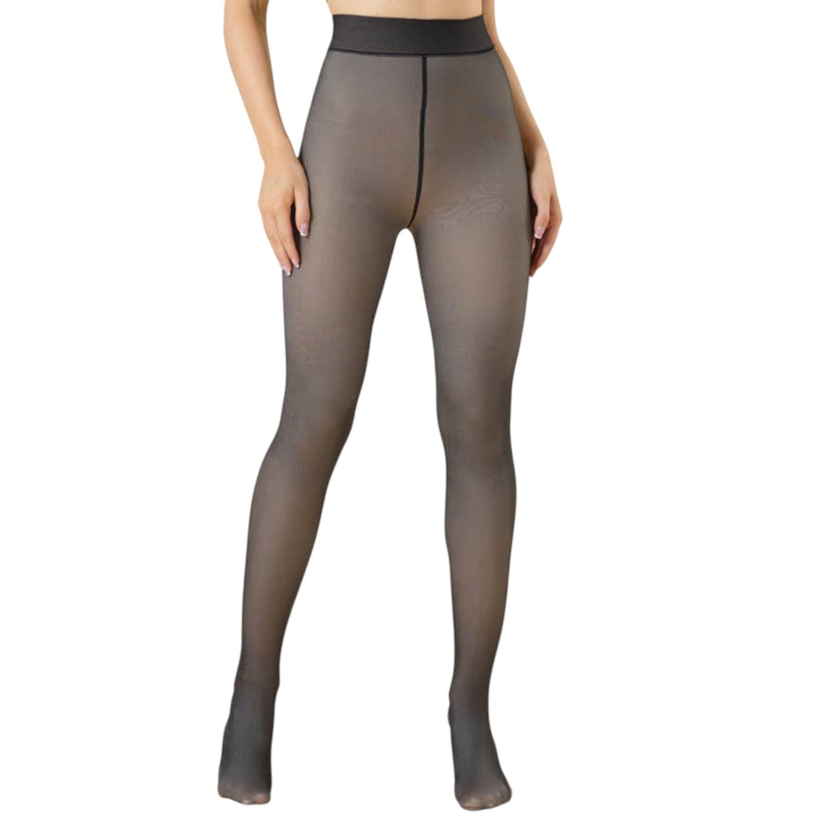 Sheer black tights worn by a model on a white background