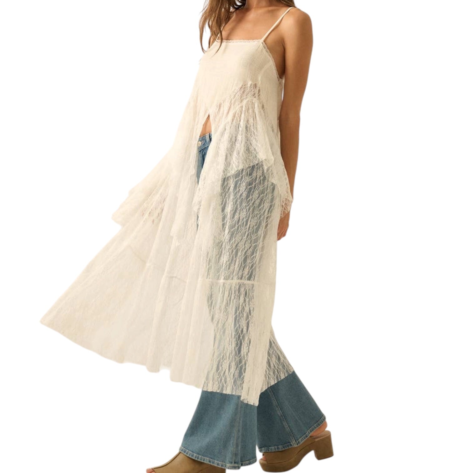 Long beige dress with denim bottom section on a white background