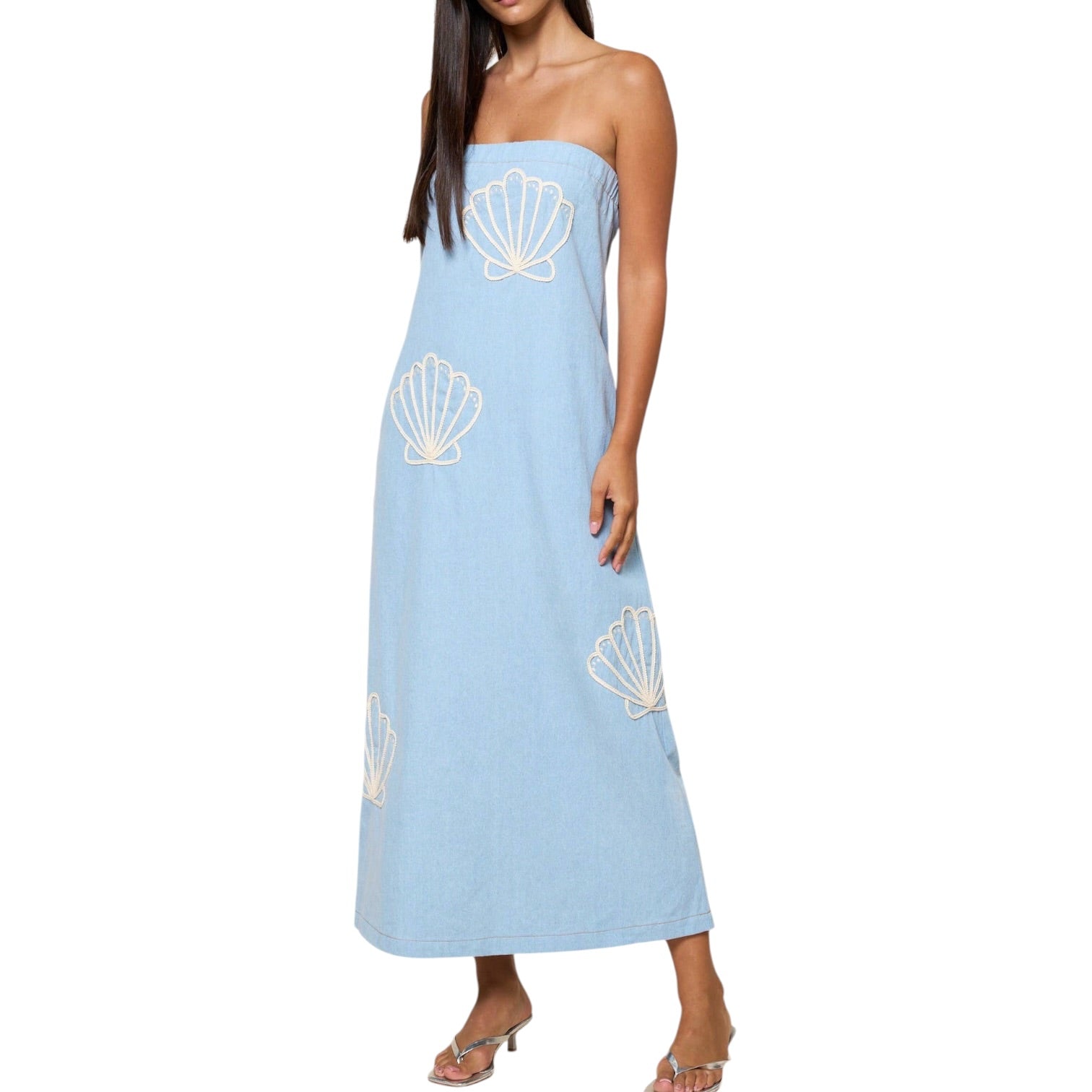 Light blue strapless dress with shell patterns on a white background