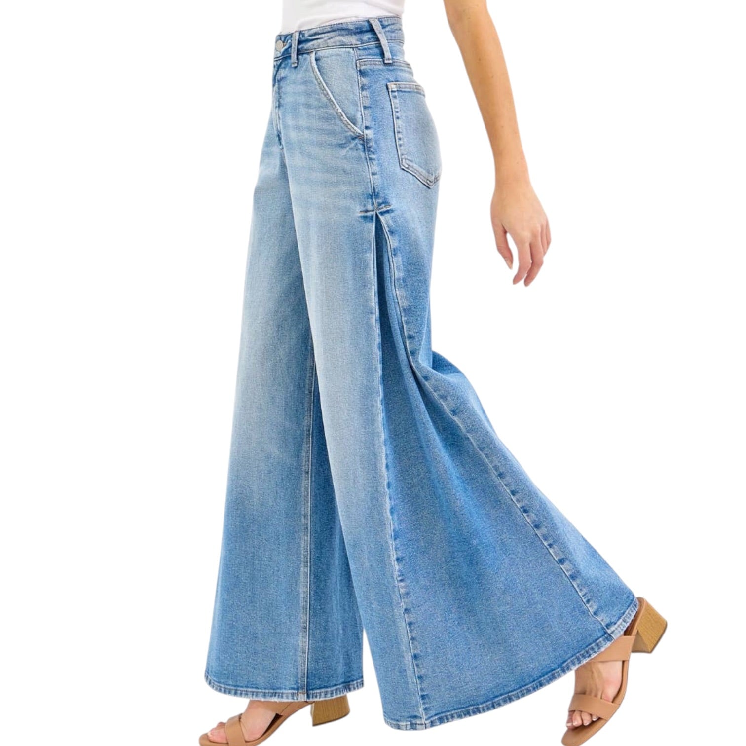 Wide-leg jeans worn by a person on a white background