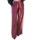 Maroon wide-leg pants with white stripes on a white background