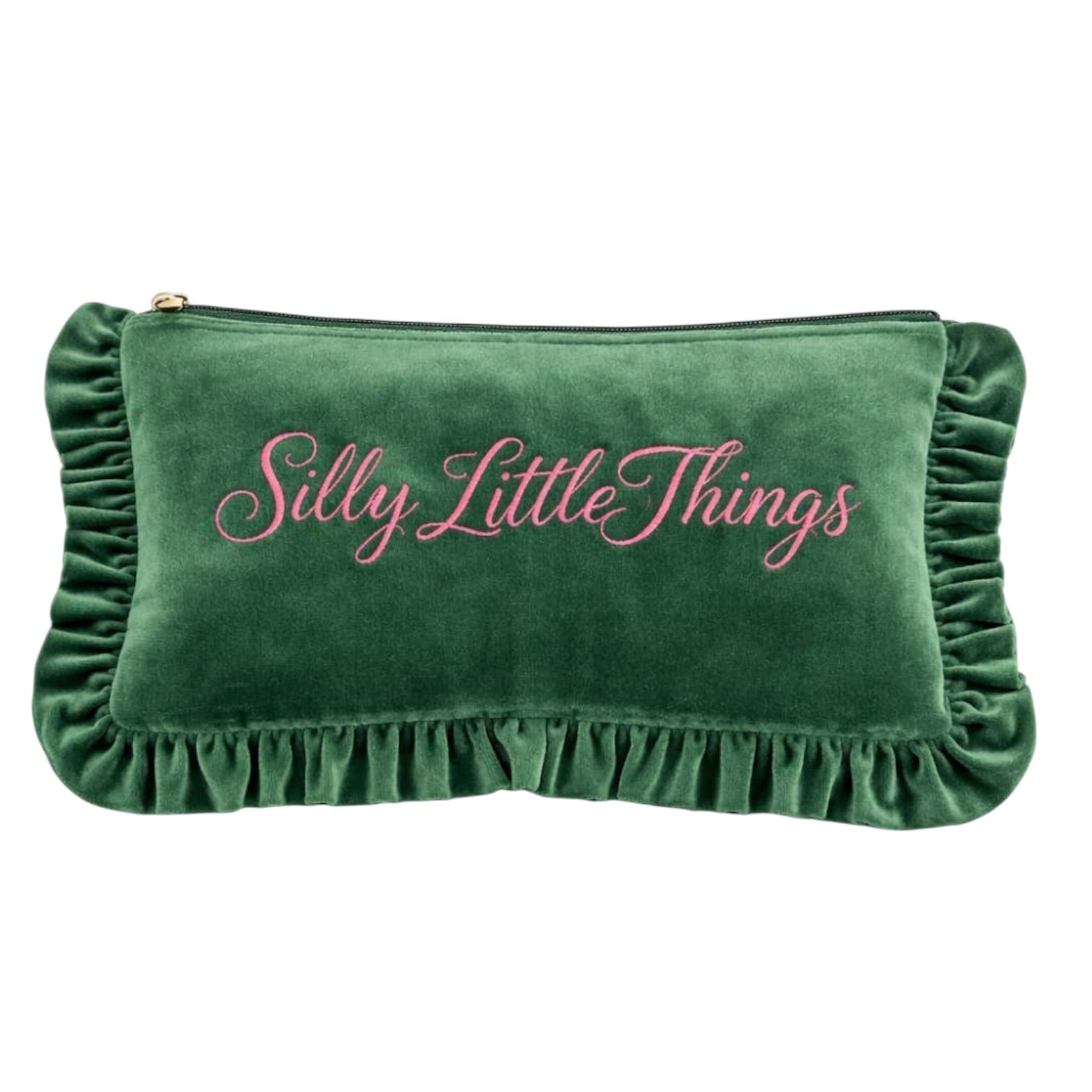 A green velvet pouch with ruffled trim and pink embroidered text reading 'Silly Little Things' on a white background.