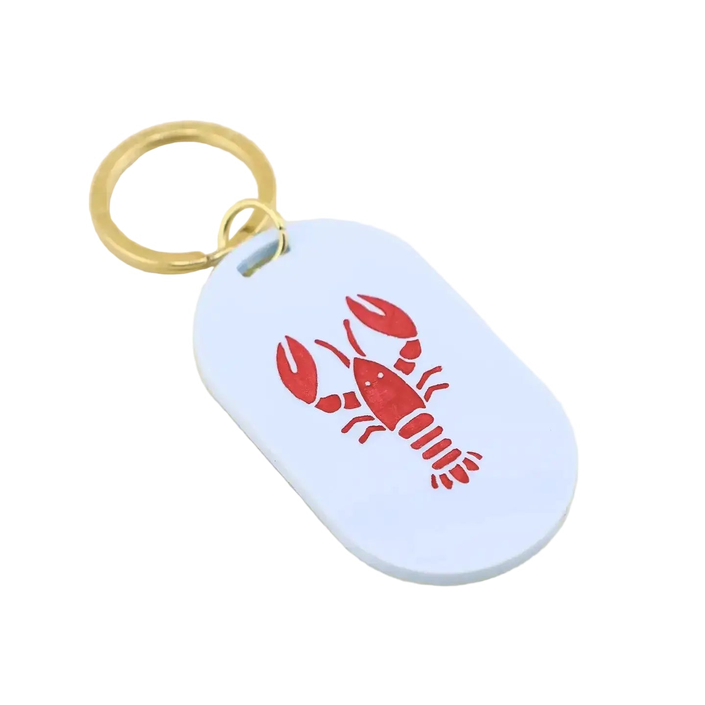 Light blue keychain with red lobster design on a beige background