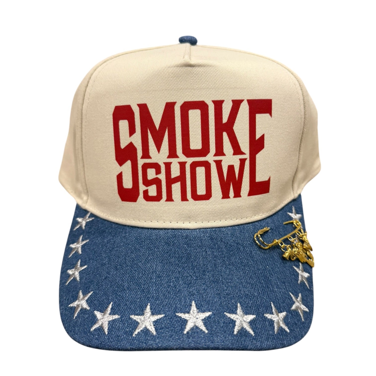 Cap with 'SMOKE SHOW' text, American flag design, and gold leaf on a white background
