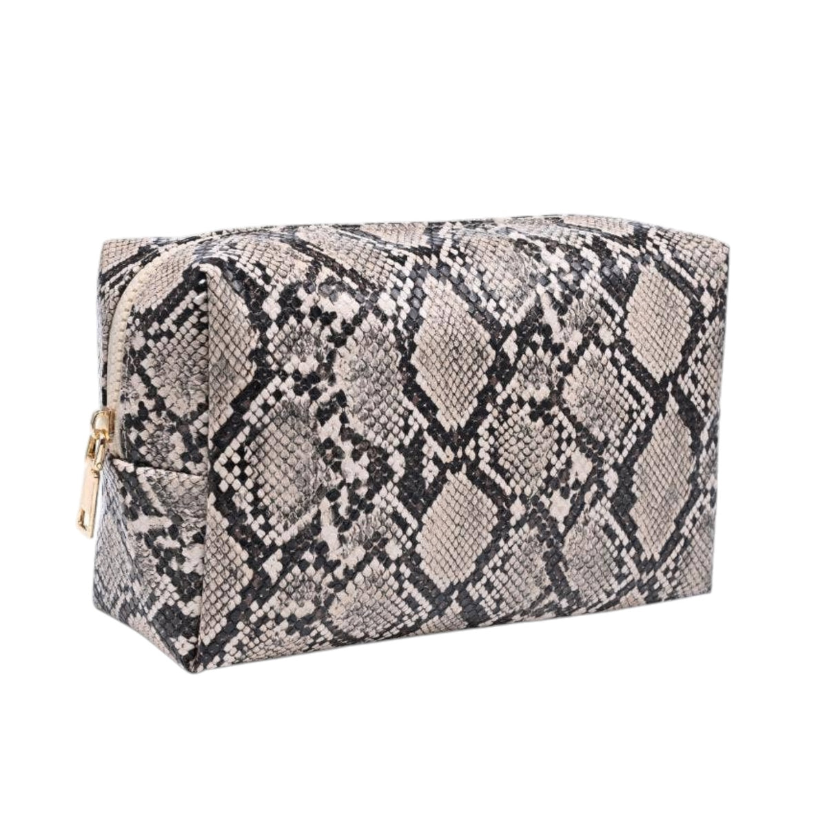 A rectangular zippered cosmetic pouch featuring a beige, gray, and black snakeskin pattern, with a small gold zipper pull on the left side, shown against a plain white background.
