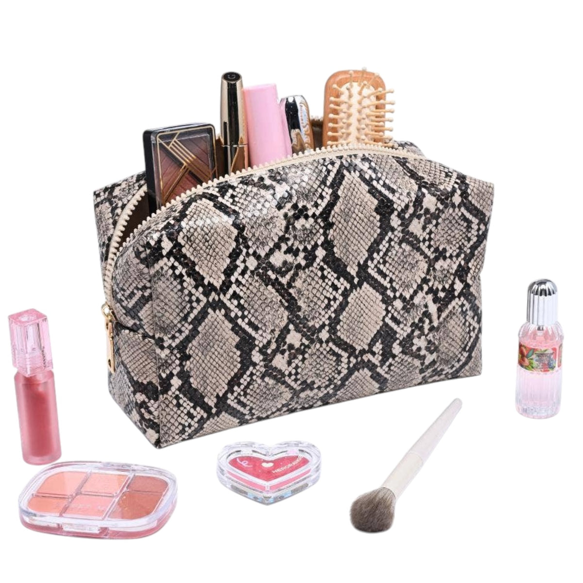 A zippered cosmetic bag with a beige and black snakeskin pattern, shown open with makeup items inside and several makeup products arranged around it on a white background.