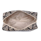 A zippered cosmetic pouch with a beige, black, and white snakeskin pattern exterior and a cream satin lining, shown open against a white background.