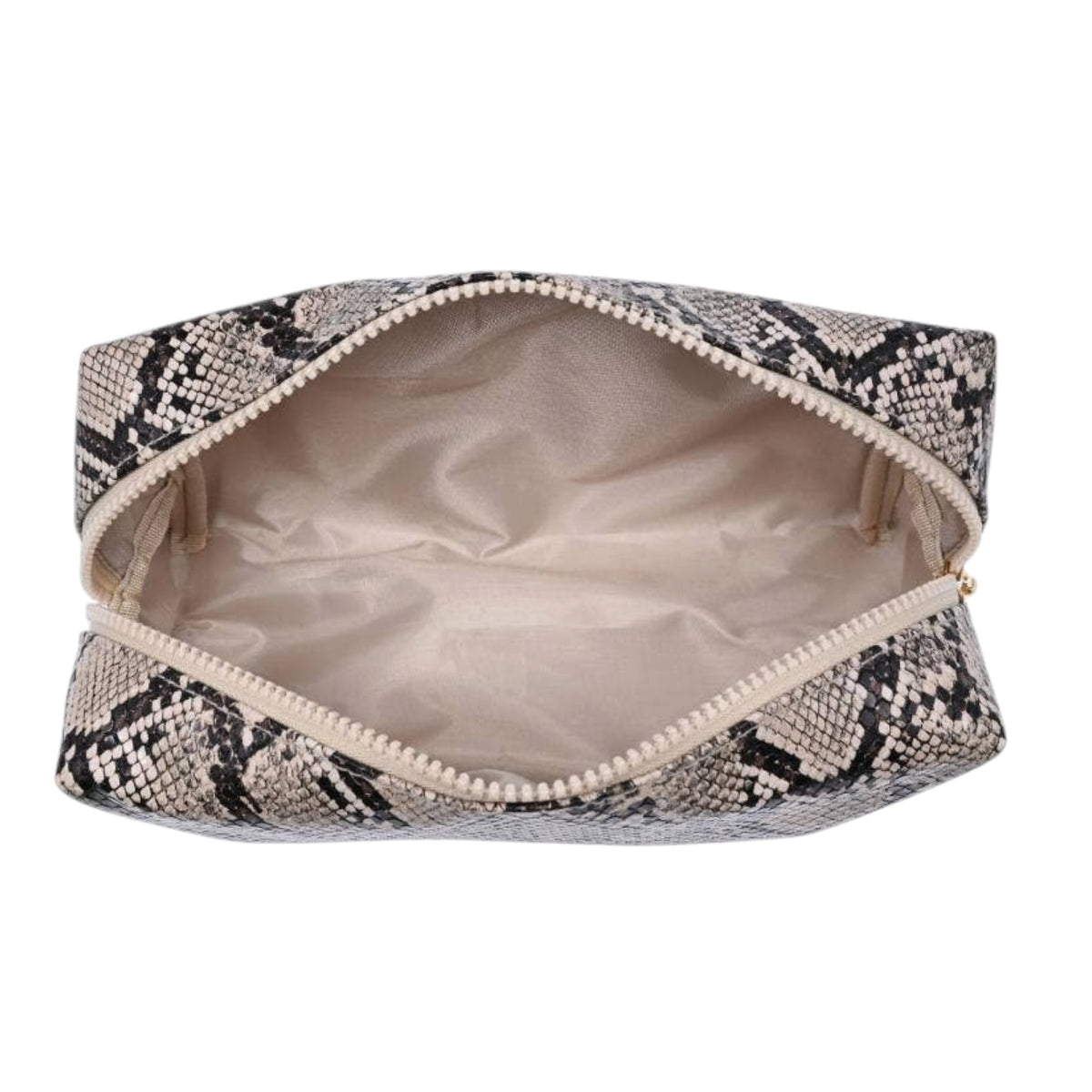A zippered cosmetic pouch with a beige, black, and white snakeskin pattern exterior and a cream satin lining, shown open against a white background.