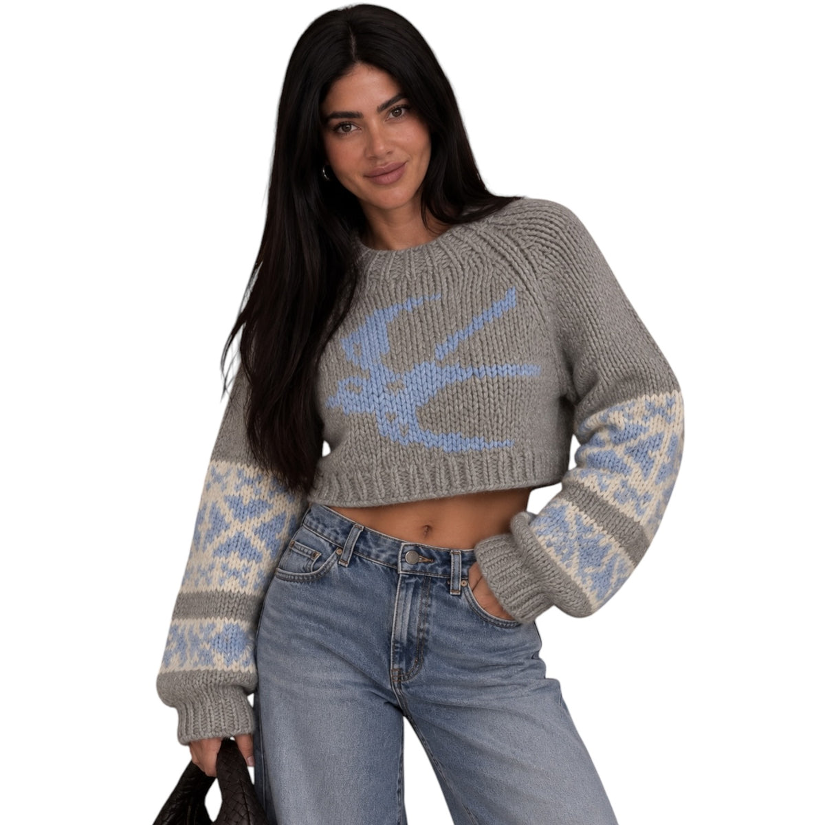 A woman modeling a cropped gray knit sweater with a light blue bird motif on the chest and patterned sleeves, paired with light blue jeans against a plain white background.