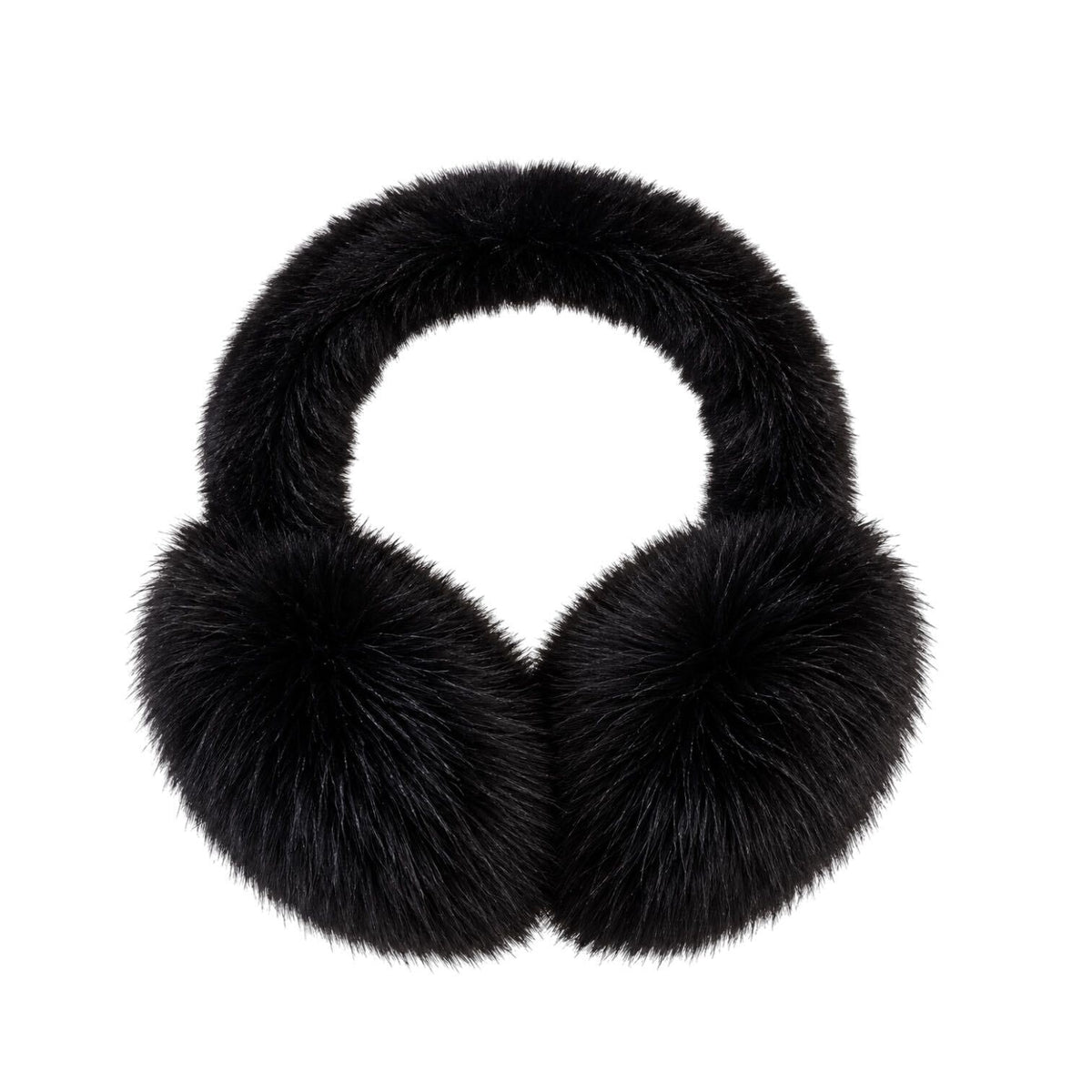 Black faux fur earmuffs with a padded headband and round ear cups, shown against a plain white background.