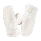 A pair of fluffy faux-fur or sheepskin mittens in a warm off-white/cream color, shown against a solid white background.