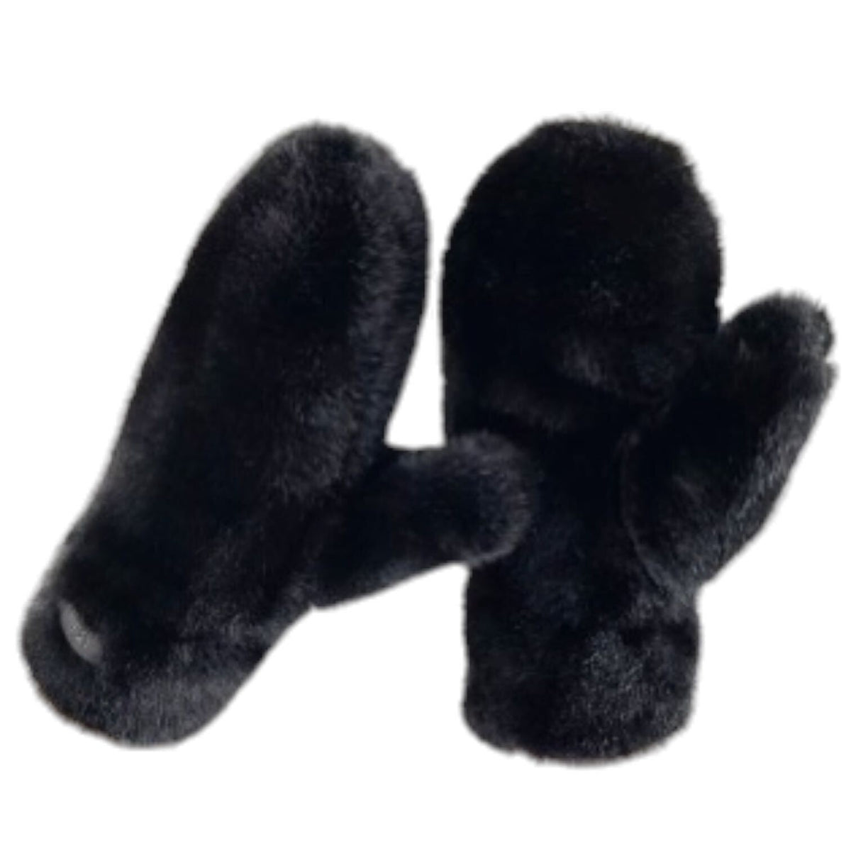 A pair of black faux fur mittens with a plush, fuzzy texture, displayed against a plain white background.