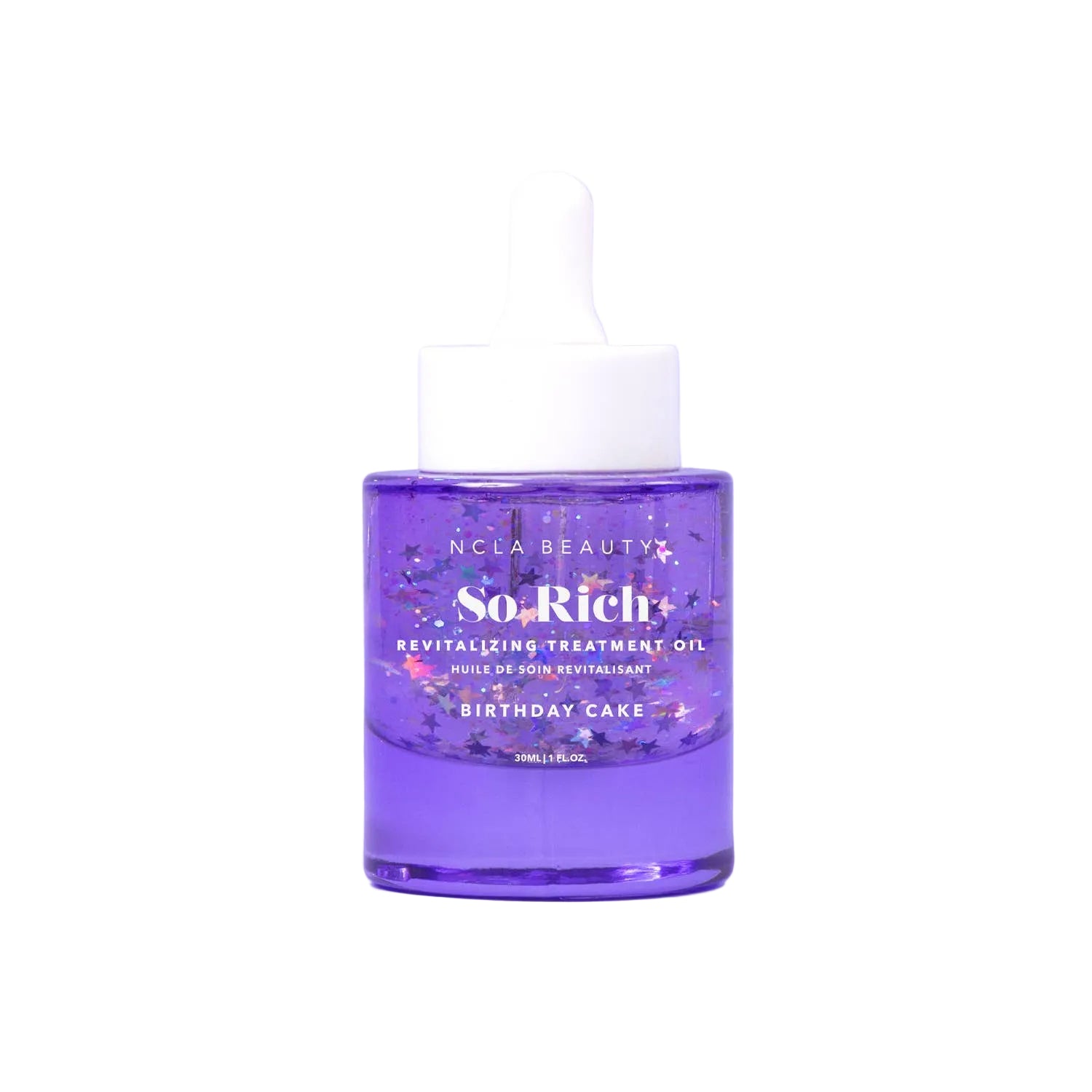 Purple bottle of NCLA Beauty So.Rich Revitalizing Treatment Oil on a white background