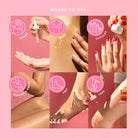 Illustrations showing where to use a skincare product on different parts of the body with a pink background.