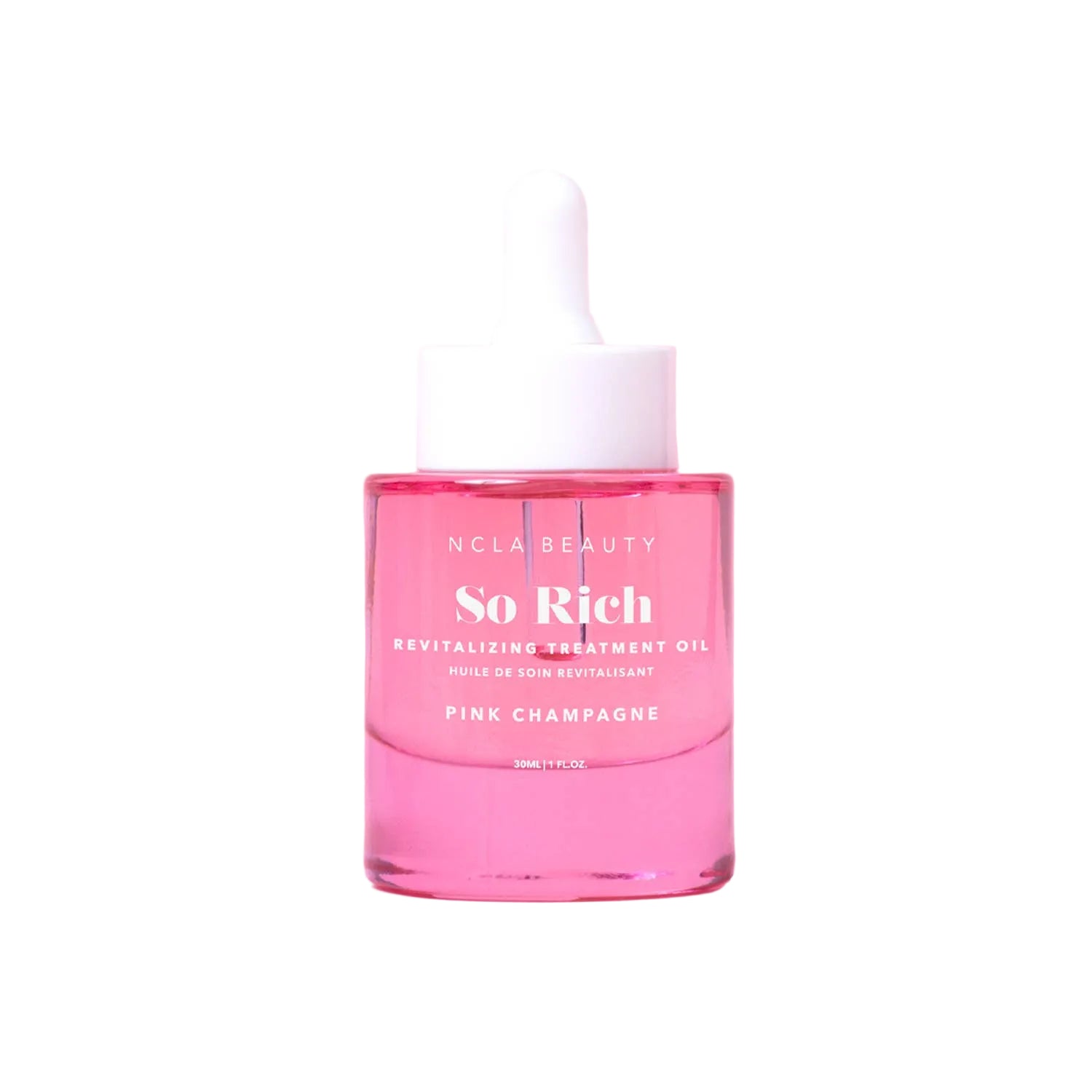 Pink bottle of NCLA Beauty So Rich Revitalizing Treatment Oil on a white background