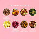 List of skin-loving ingredients with corresponding images and descriptions on a pink background