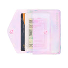 A holographic pink wallet shown open on a white background, containing cards and a dollar bill. The wallet has a translucent iridescent finish with pink tones and the brand name 'CASE+MATE' printed vertically on the right side.