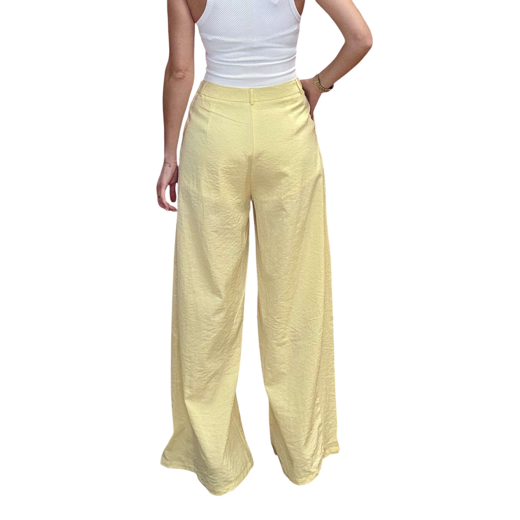 Person wearing light yellow wide-leg pants and a white top on a white background