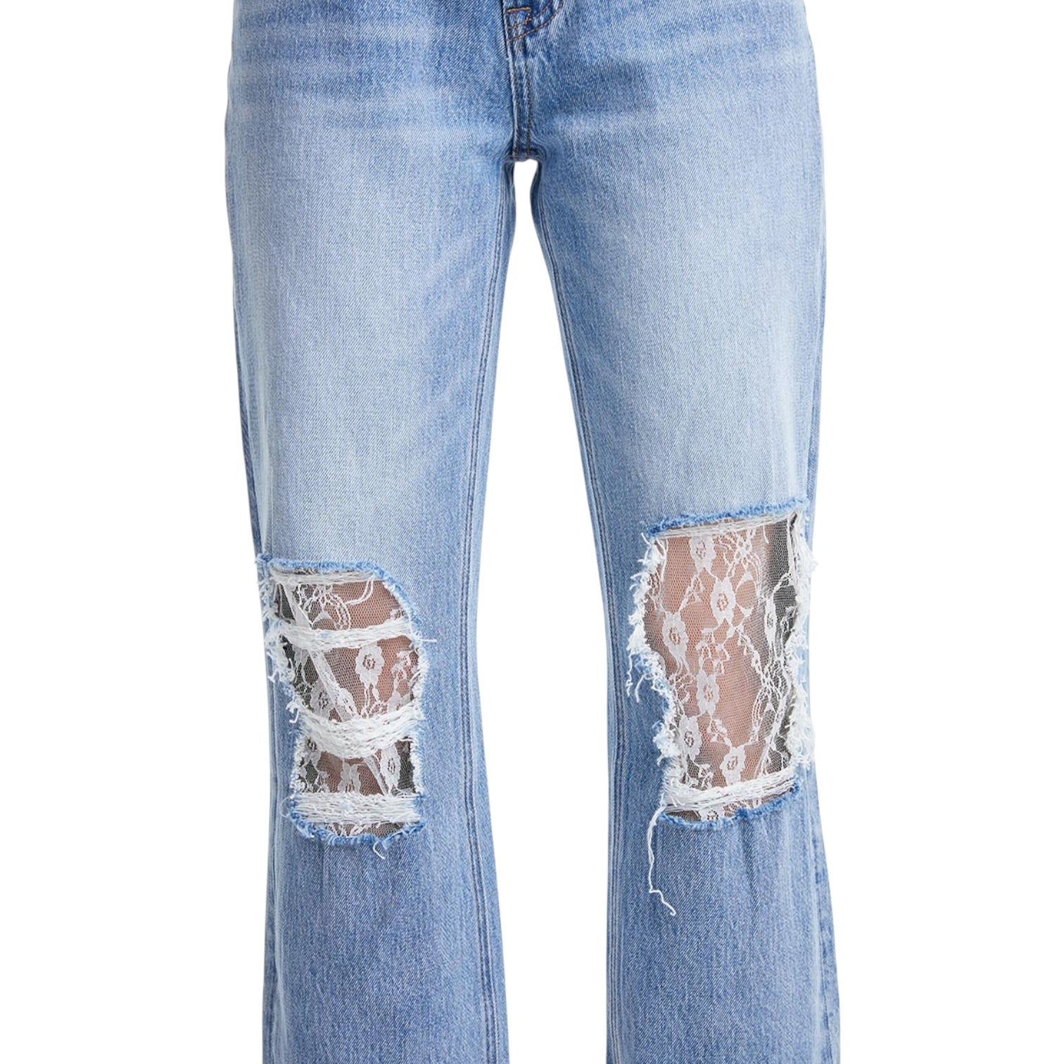 Light blue jeans with lace inserts on a white background