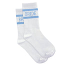 White socks with blue stripes and 'BRIDE' text on a white background