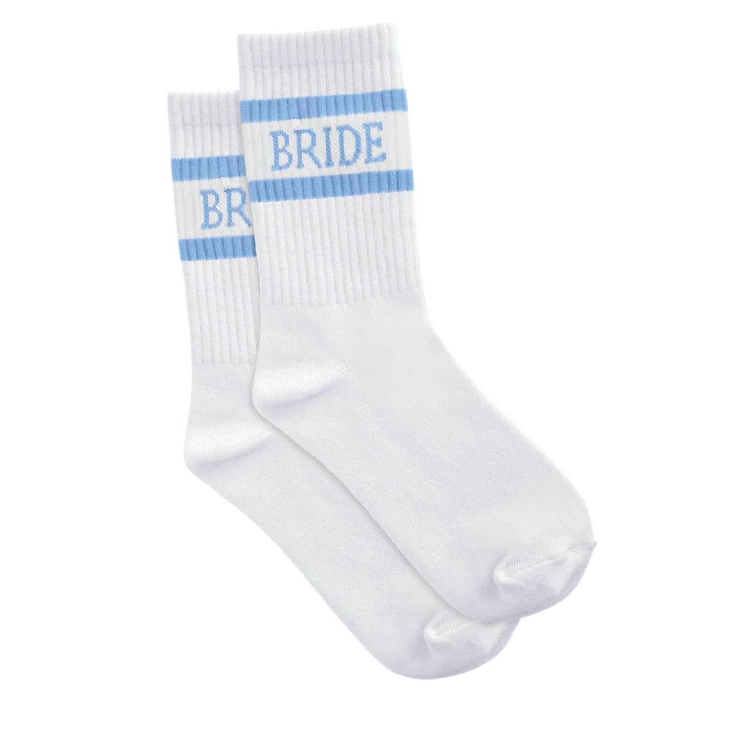 White socks with blue stripes and 'BRIDE' text on a white background