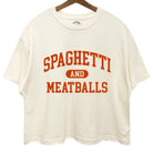 White t-shirt with 'Spaghetti and Meatballs' text in red on a white background