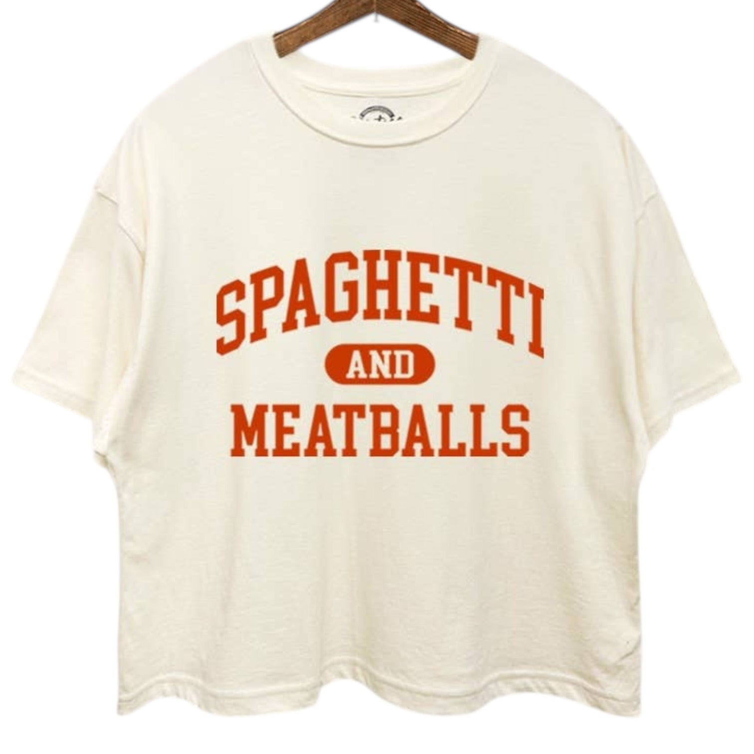 White t-shirt with 'Spaghetti and Meatballs' text in red on a white background