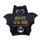 A black bat-shaped facial mask packet with cartoon eyes and the text 'SPALIFE ANIMATED FACIAL MASK detoxifying charcoal' on a white background.