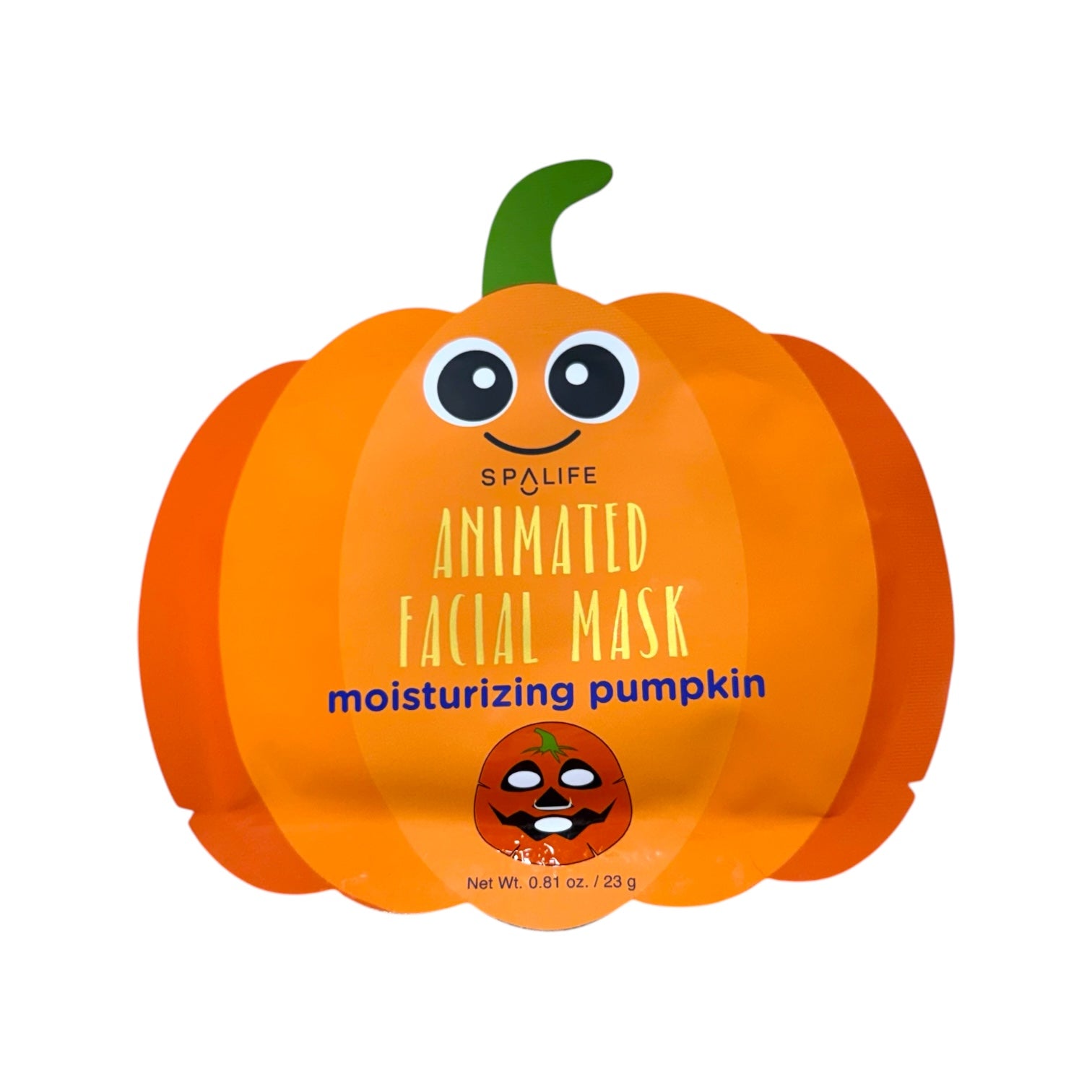 A pumpkin-shaped facial mask packet labeled 'SPALIFE Animated Facial Mask moisturizing pumpkin' on a plain white background.