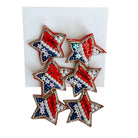 Star-shaped earrings with red, white, and blue design on a white background
